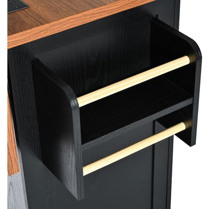 54.5" Farmhouse Kitchen Island with Power Outlet, Kitchen Storage Island with Internal Storage Rack, Drop Leaf, Spice Rack, Rolling Kitchen Cart on Wheels, for Home, Kitchen and Dining Room,Black