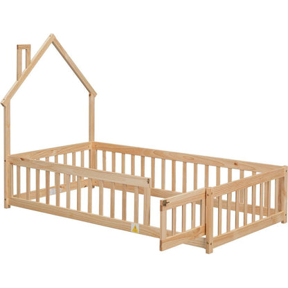 Twin House-Shaped Headboard Floor Bed with Fence ,Natural