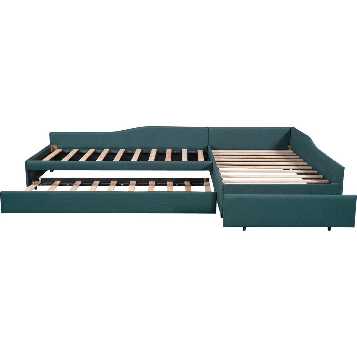 Upholstered Double Twin Size Daybed with Trundle and Drawer, Green