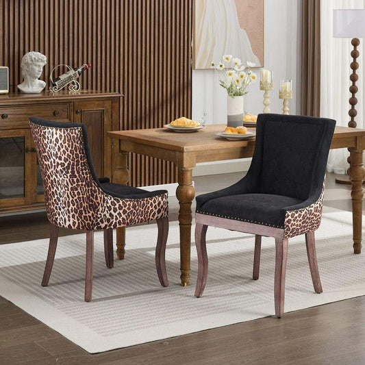 A&A Furniture,Ultra Side Dining Chair, Thickened fabric chairs with neutrally toned solid wood legs, Bronze nail head, Set of 2,Leopard Print