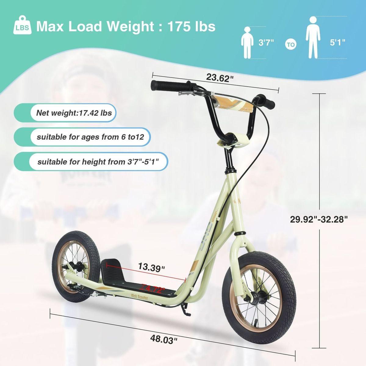 Youth Scooter Kick Scooter for Kids 6+ with Adjustable Handlebar, 12 Inch Inflatable Wheels, Widened non-slip Footboard