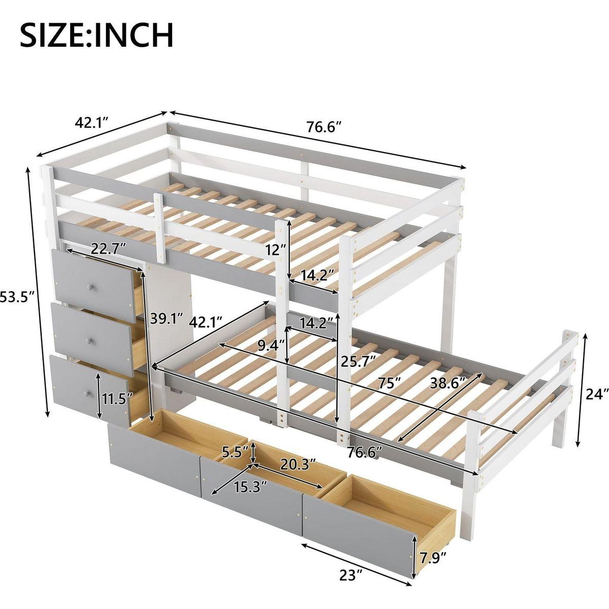 Twin over Twin Loft Bunk Bed with Drawers and Ladder, Gray