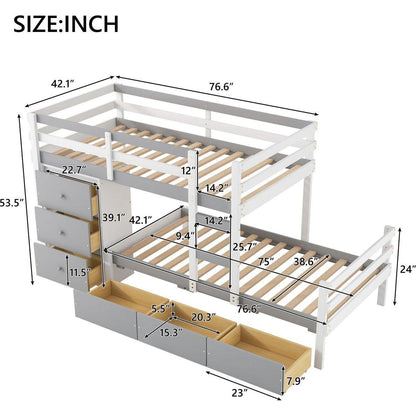 Twin over Twin Loft Bunk Bed with Drawers and Ladder, Gray