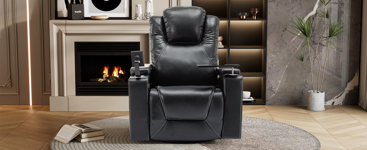 270 Degree Swivel PU Leather Power Recliner Individual Seat Home Theater Recliner with Surround Sound, Cup Holder, Removable Tray Table, Hidden Arm Storage for Living Room, Black