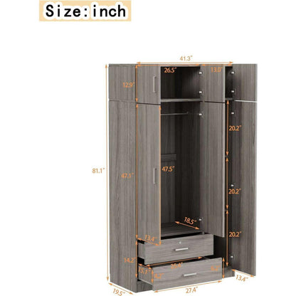 3-Door Mirror Wardrobe with 2 Drawers and Top Cabinet,Gray