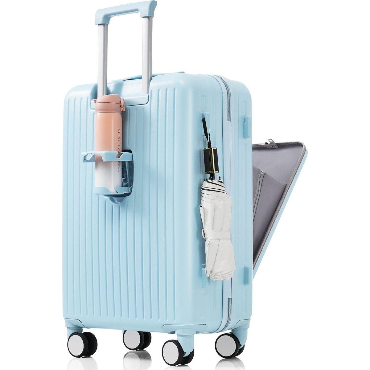 Luggage Set of 3, 20, 24, 28inch with USB Port, 20, 24inch with front opening design Airline Certified Carry on Luggage with Cup Holder, ABS Hard Shell Luggage with Spinner Wheels, light blue