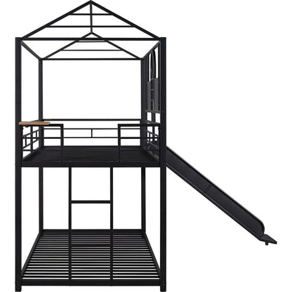 Twin Over Twin Metal Bunk Bed, Metal Housebed With Slide,Three Colors Available.(Black with Black Slide)