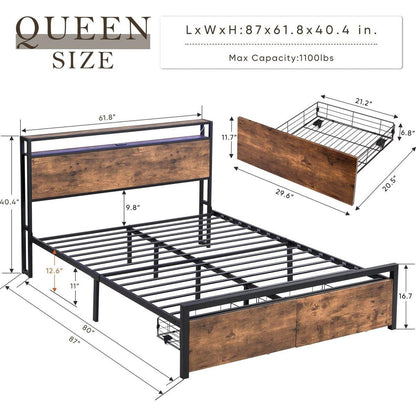 Queen Size Bed Frame with Storage Headboard and 2 Drawers, LED Lights Bed with Charging Station, Metal Platform Bed No Noise, Mattress Foundation Strong Metal Slats Support No Box Spring Needed