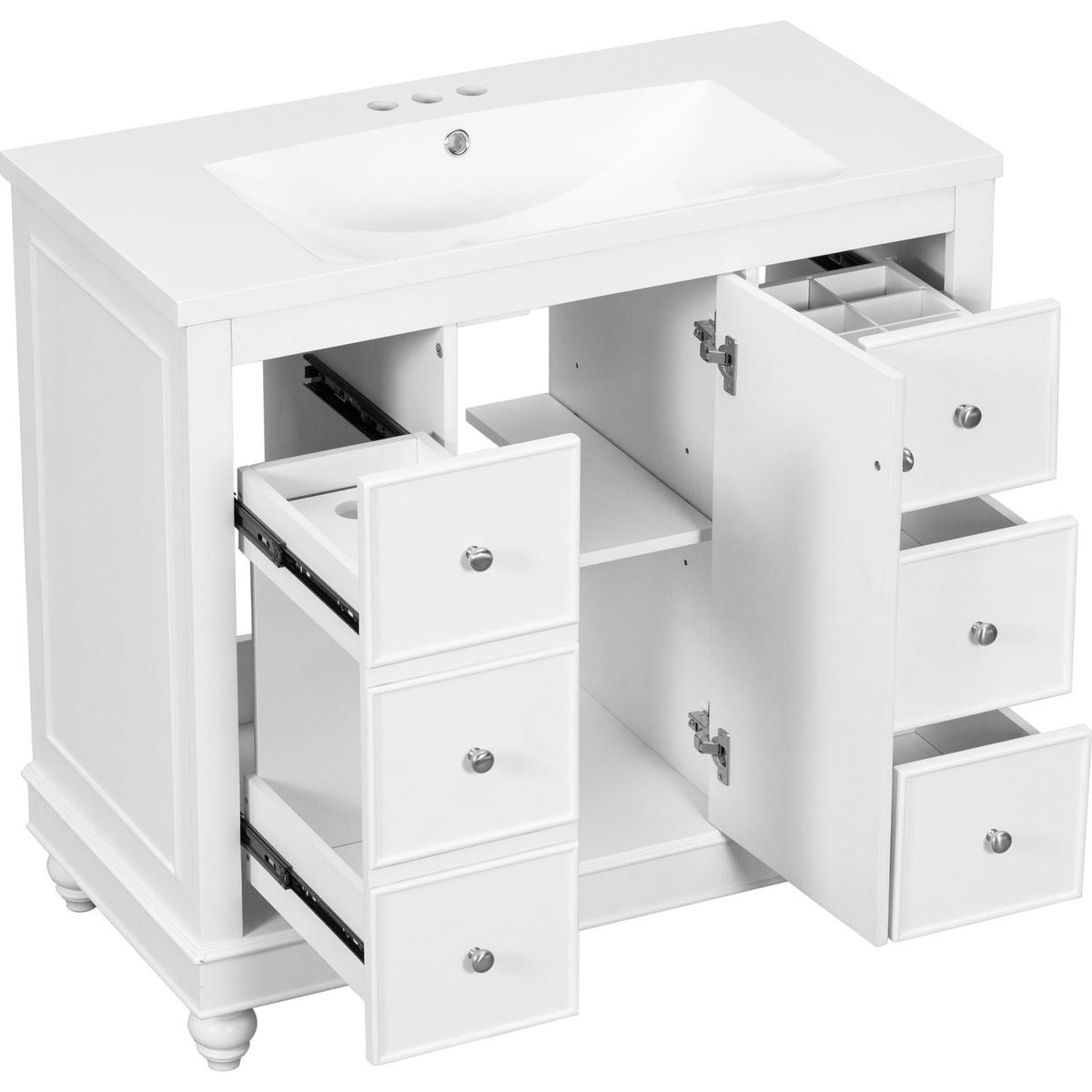 Contemporary White Bathroom Vanity Cabinet - 36x18x34 inches, 4 Drawers & 1 Cabinet Door, Multipurpose Storage, Resin Integrated Sink, Adjustable Shelves, Solid Wood Frame with MDF