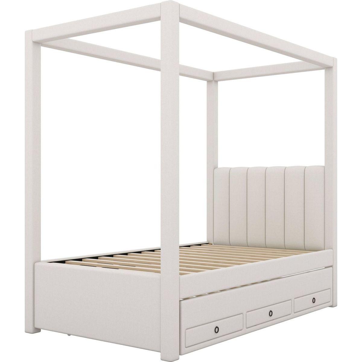 Twin Size Upholstery Canopy Platform Bed with Trundle and Three Storage Drawers, Beige