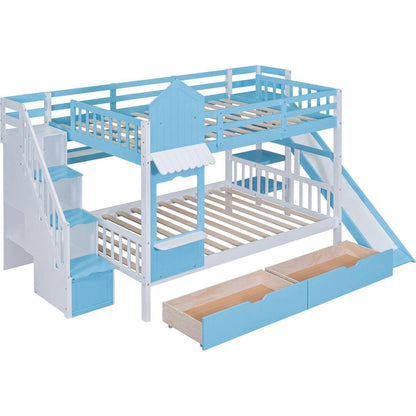 Full-Over-Full Castle Style Bunk Bed with 2 Drawers 3 Shelves and Slide - Blue