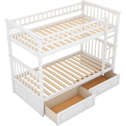 Twin over Twin Bunk Bed with Drawers, Convertible Beds, White