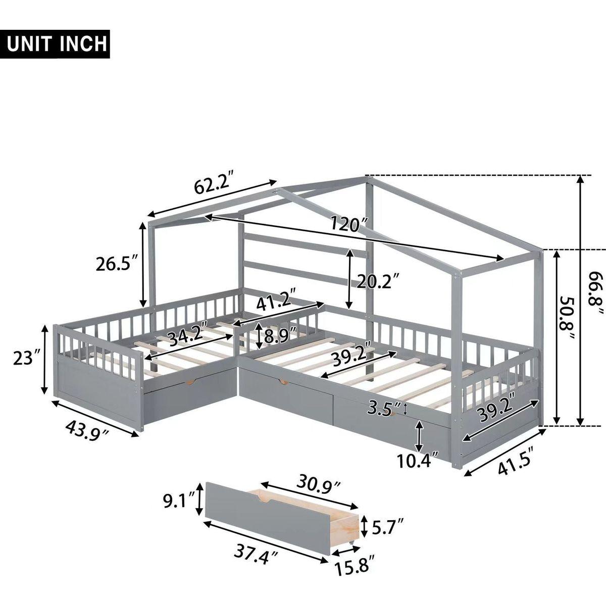 Twin Size House Platform Bed with Three Storage Drawers,Gray