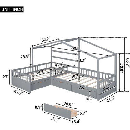 Twin Size House Platform Bed with Three Storage Drawers,Gray