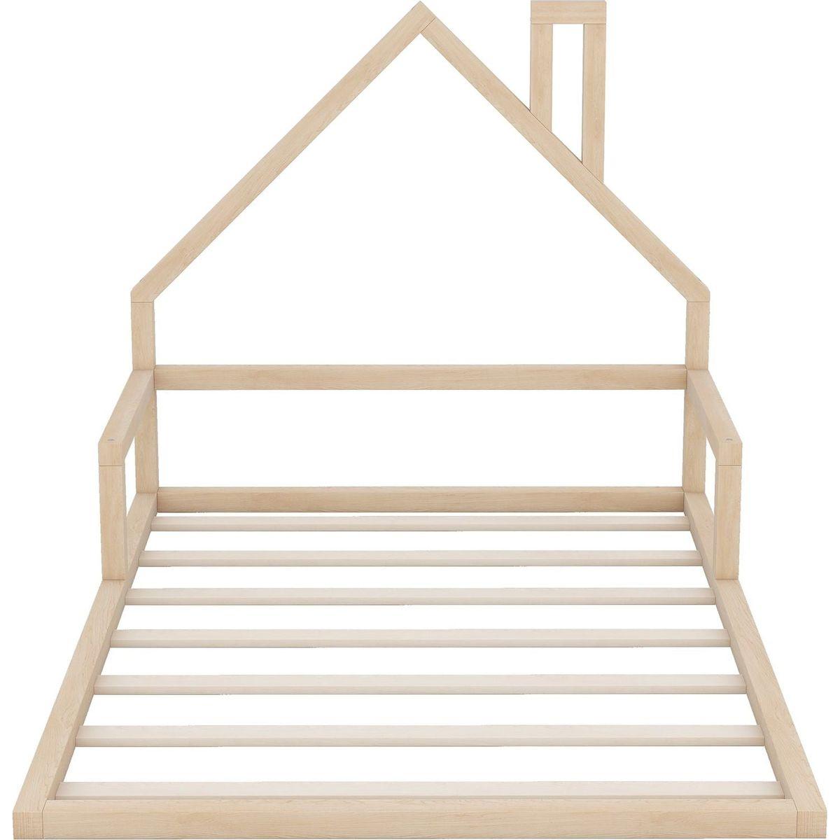 Full Size Wood Floor Bed with House-shaped Headboard, Natural