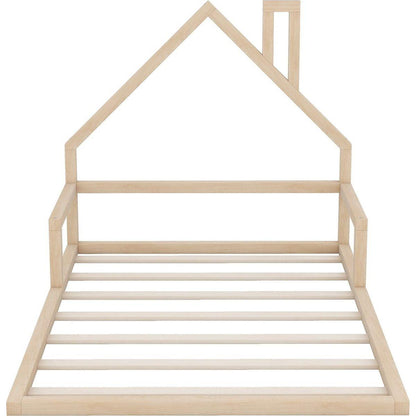 Full Size Wood Floor Bed with House-shaped Headboard, Natural