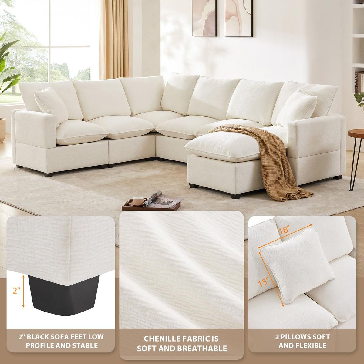 110x84" Modern U Shape Modular Sofa, 7 Seat Chenille Sectional Couch Set with 2 Pillows Included, Freely Combinable Indoor Funiture for Living Room, Apartment, Office, 2 Colors