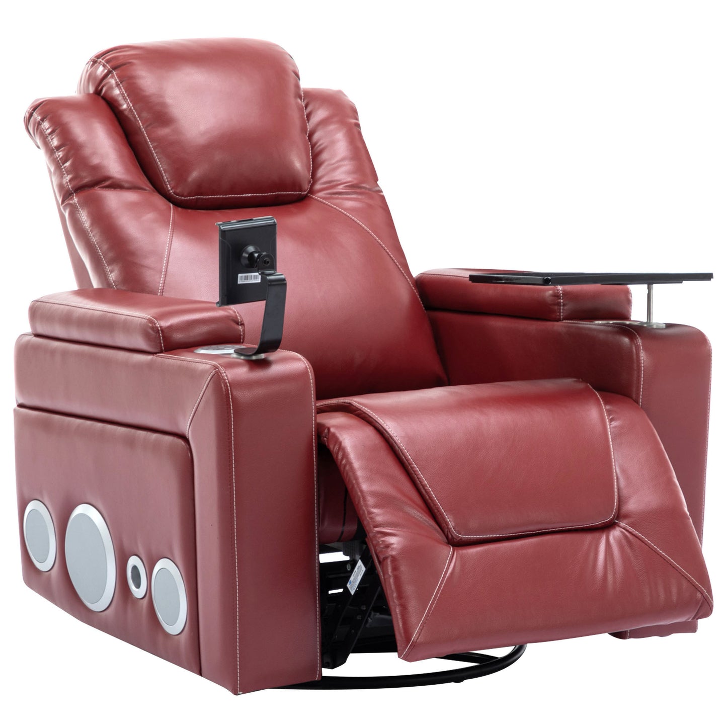 270 Degree Swivel PU Leather Power Recliner Individual Seat Home Theater Recliner with Surround Sound, Cup Holder, Removable Tray Table, Hidden Arm Storage for Living Room, Red