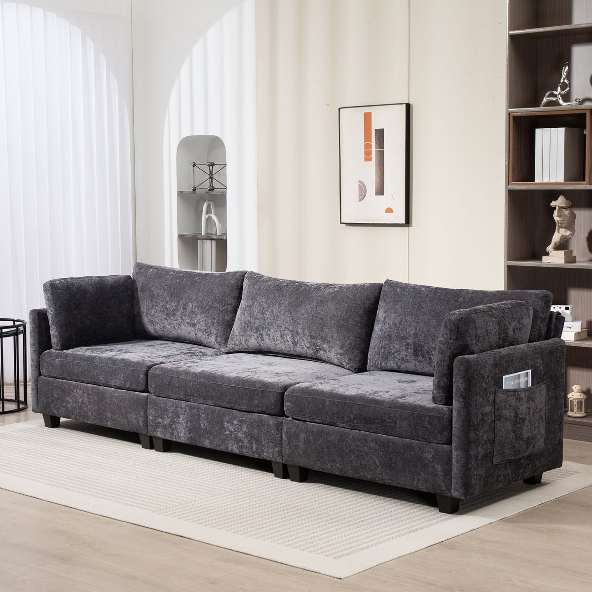 111.42*32.28' XXXL 3-Seater Chenille Deep Sofa,Comfy 3-Seater Chenille Fabric Couch,Conforms to body curves,Cloud-soft sitting,with ultra-soft cushions&Side Pocket for Living Room,Apartment,Office.