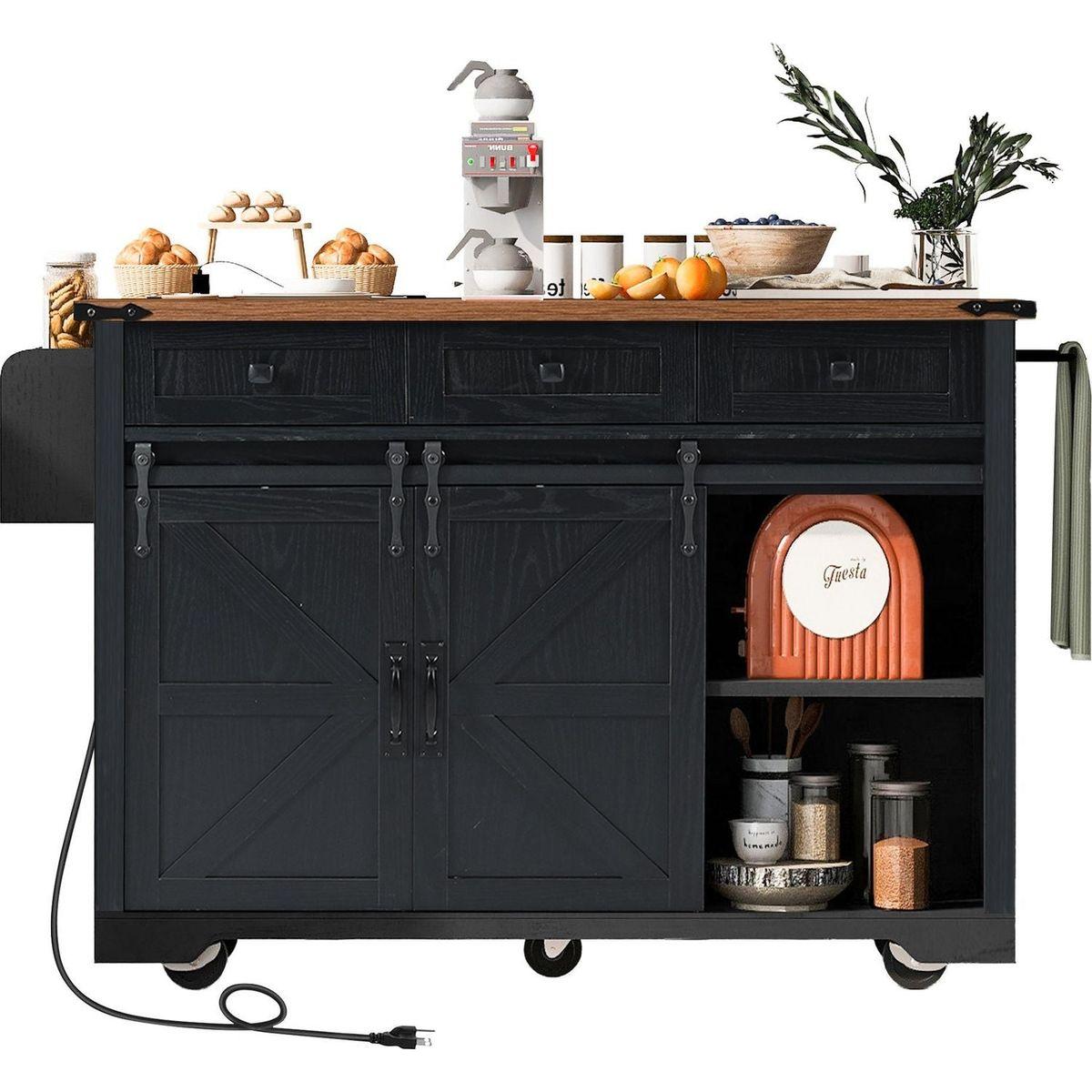 53.7" Farmhouse Kitchen Island with Power Outlet, 2 Sliding Barn Door Kitchen Storage Island with Drop Leaf, Spice Rack Rolling Kitchen Cart on Wheels, for Home, Kitchen and Dining Room, Black