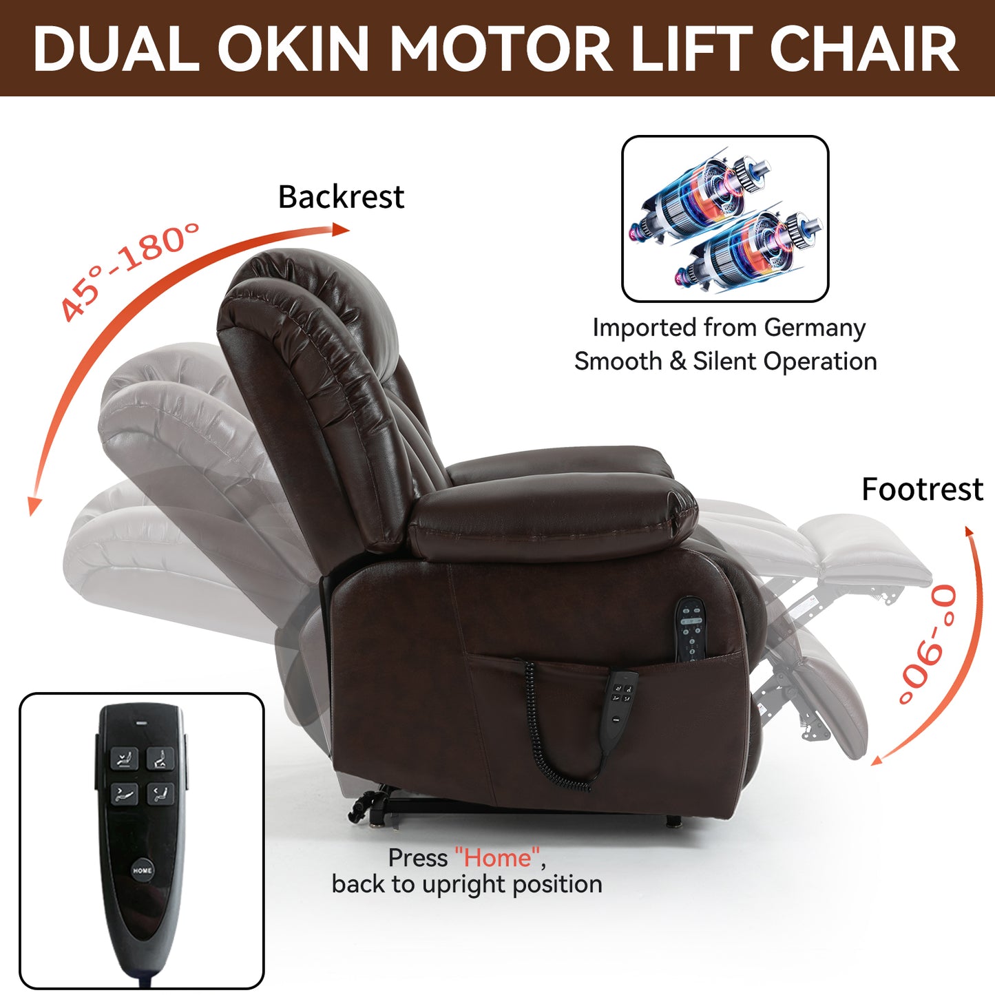 Dual Motor Infinite Position Up to 350 LBS Electric Medium size Genuine Leather Brown Power Lift Recliner Chair with 8-Point Vibration Massage and Lumbar Heating