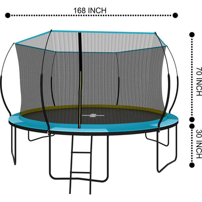 YC 14FT Recreational Trampolines with Enclosure for Kids and Adults with Patented Fiberglass Curved Poles Pumpkin-Blue