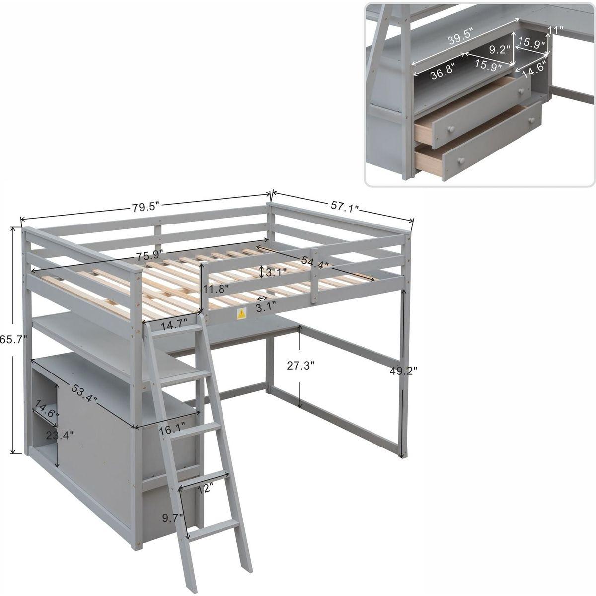 Full Size Loft Bed with Desk and Shelves,Two Built-in Drawers,Gray