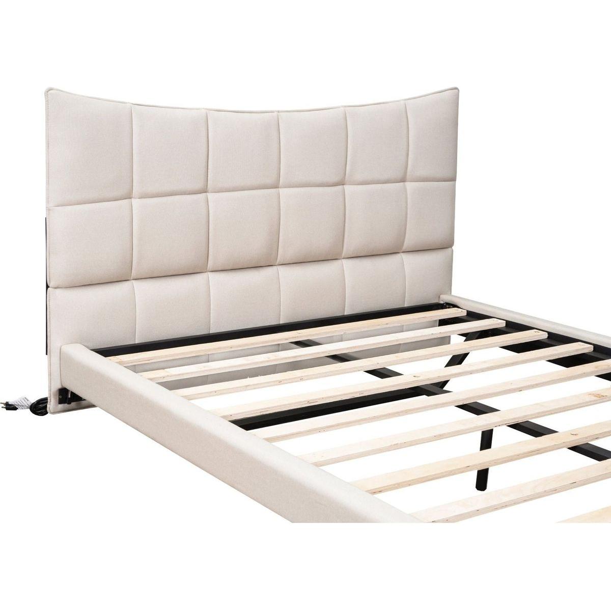 Full Size Upholstered Platform Bed with LED Lights,USB Ports and Outlets,Linen Fabric,Beige