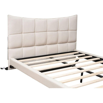 Full Size Upholstered Platform Bed with LED Lights,USB Ports and Outlets,Linen Fabric,Beige