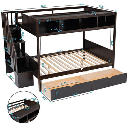 Twin over Full Bunk Bed with Shelfs, Storage Staircase and 2 Drawers, Espresso