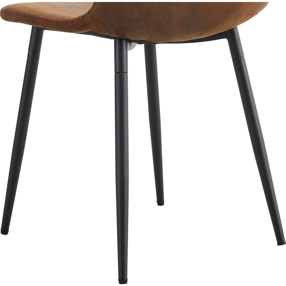 A modern and practical circular dining table. Made of MDF tabletop and wooden MDF table legs. A set of 6 brown cushioned chairs. CT-