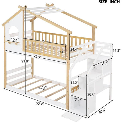 Stairway Twin-Over-Twin Bunk Bed,House Bed,Storage and Guard Rail,Natural Bed +White Stair