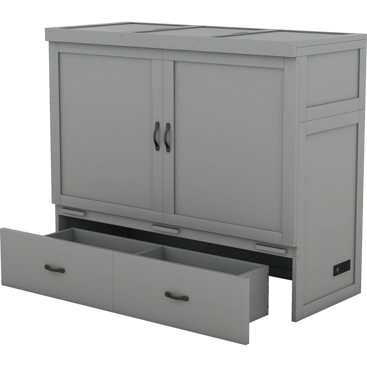 Full Size Murphy Bed with USB Port and a Large Drawer, Gray