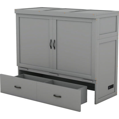 Full Size Murphy Bed with USB Port and a Large Drawer, Gray