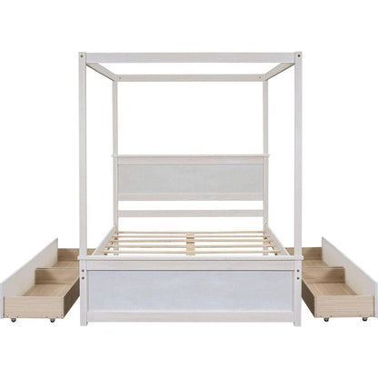 Wood Canopy Bed with four Drawers, Full Size Canopy Platform Bed With Support Slats .No Box Spring Needed, Brushed White