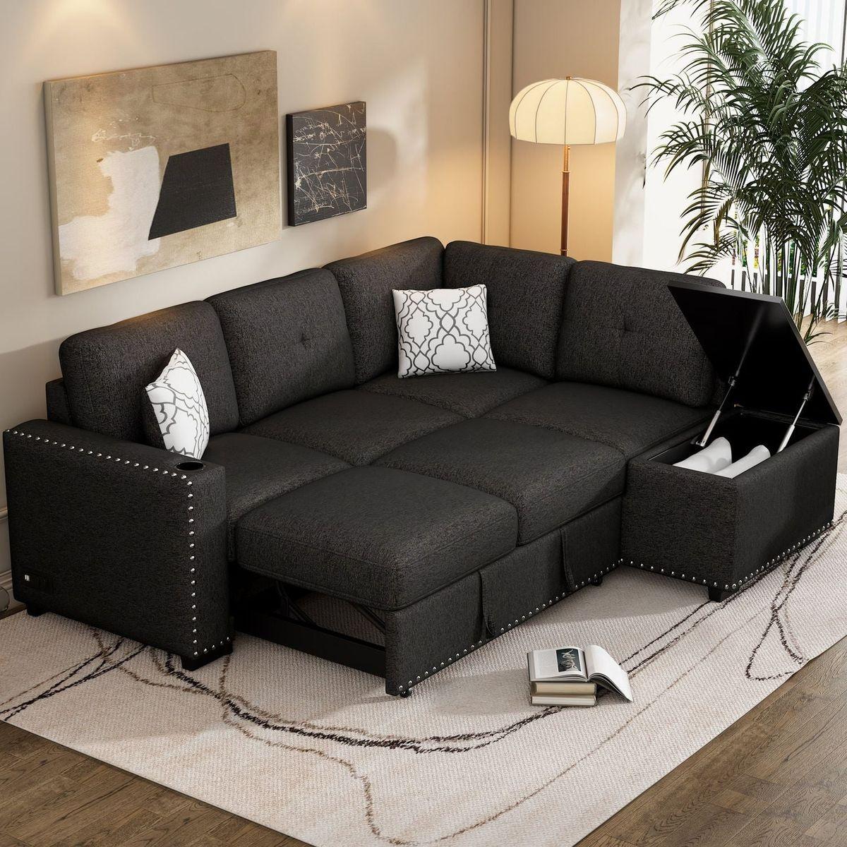 83.8" Reversible Sectional Pull-Out Sofa Bed L-Shaped Corner Sofa Couch with Storage Chaise, USB Ports, Power Sockets, Cup Holder for Living Room, Bedroom, Study, Black