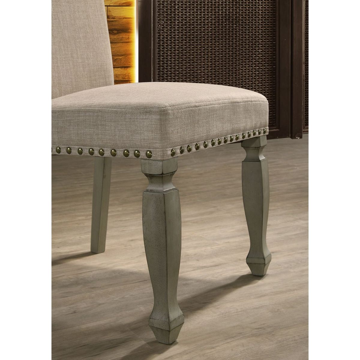 Breda Antique Gray Finish Upholstered Nailhead Dining Chair, Set of 2