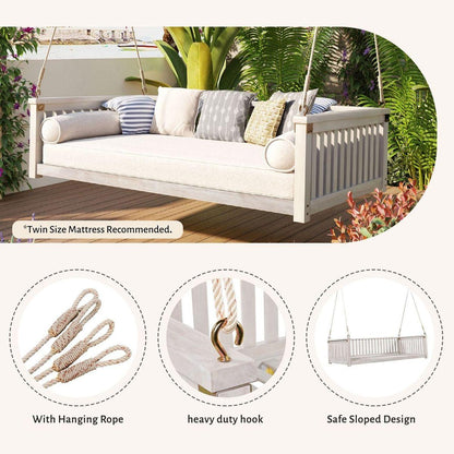 Patio Minimalist Twin Size Garden Swing Bed Wood Porch Swing with Ropes for Backyard, Safe Sloped Design, White