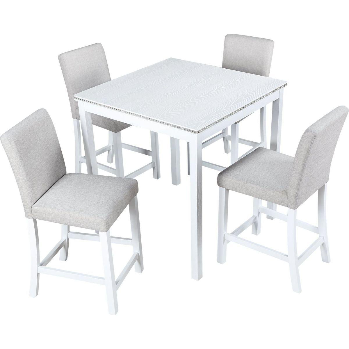 5 Piece Counter Height Table Set, Wooden Kitchen Table Set with Square Table and 4 Upholstered Chairs, Counter Height Dining Table with Crystal Decoration and Chair Set for Kitchen, Dining Room,White