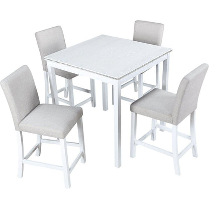 5 Piece Counter Height Table Set, Wooden Kitchen Table Set with Square Table and 4 Upholstered Chairs, Counter Height Dining Table with Crystal Decoration and Chair Set for Kitchen, Dining Room,White