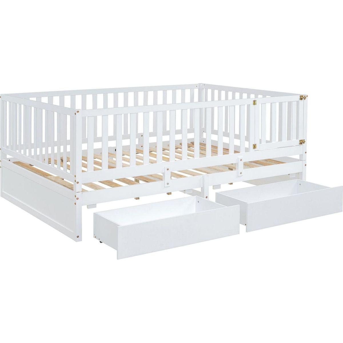 Full Size Wood Daybed with Fence Guardrails and 2 Drawers, Split into Independent Floor Bed & Daybed, White