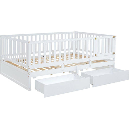 Full Size Wood Daybed with Fence Guardrails and 2 Drawers, Split into Independent Floor Bed & Daybed, White