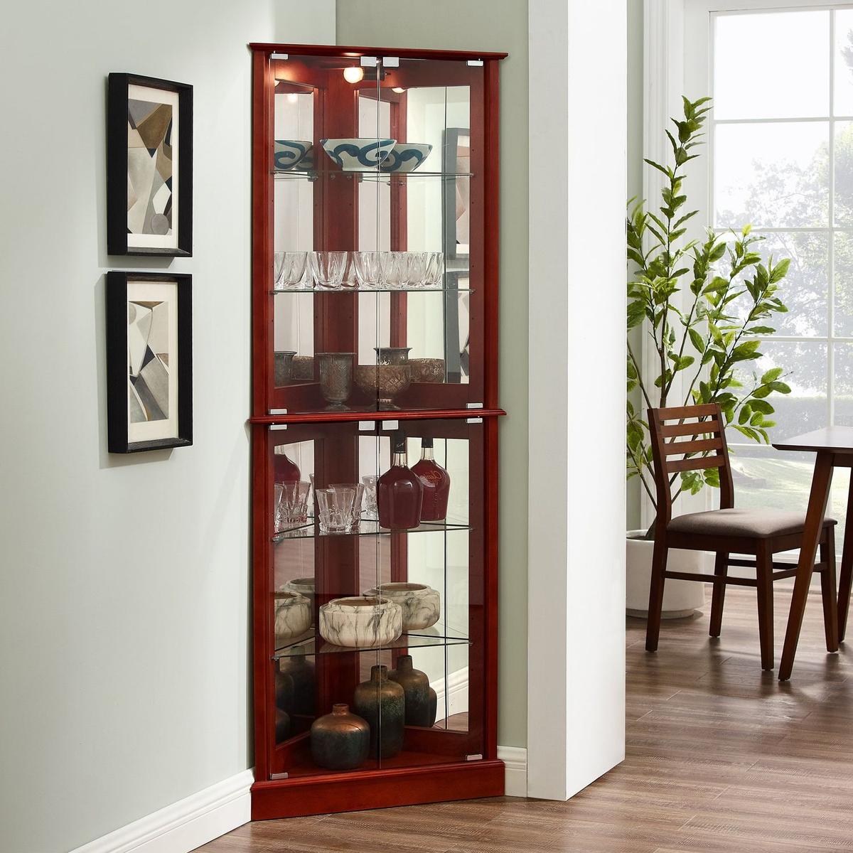 Corner Curio Dispaly Cabinet with Lights, Adjustable Tempered Glass Shelves, Mirrored Back,Cherry