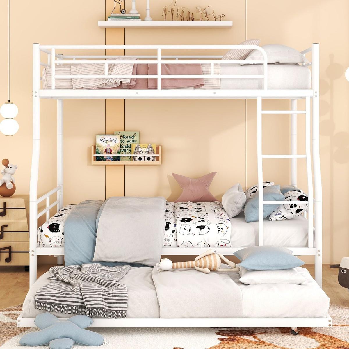 Full XL Over Queen Metal Bunk Bed with Trundle, White