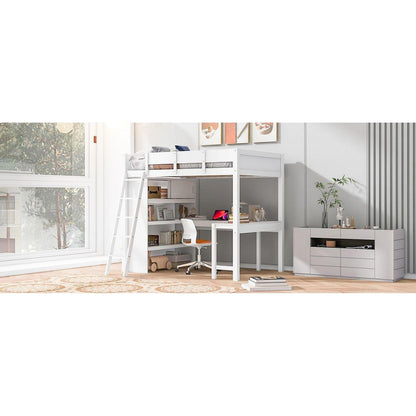 Full Size Loft Bed with Desk and Shelf - White