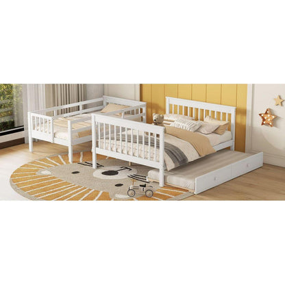 Twin-Over-Full Bunk Bed with Twin size Trundle, Storage and Guard Rail for Bedroom, Dorm, for Adults, White