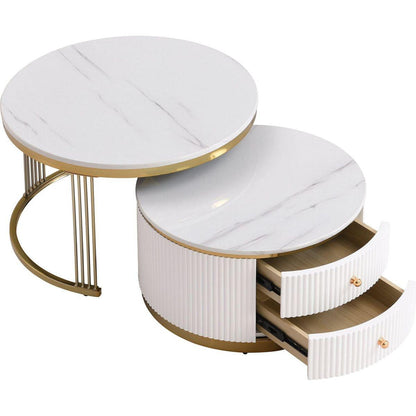 Modern 2 Pieces White Round Nesting Coffee Table with Drawers in 27.6"