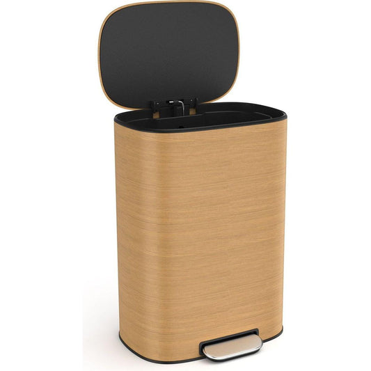 13 Gallon 50L Kitchen Foot Pedal Operated Soft Close Trash Can - Stainless Steel Ellipse Bustbin - Wood