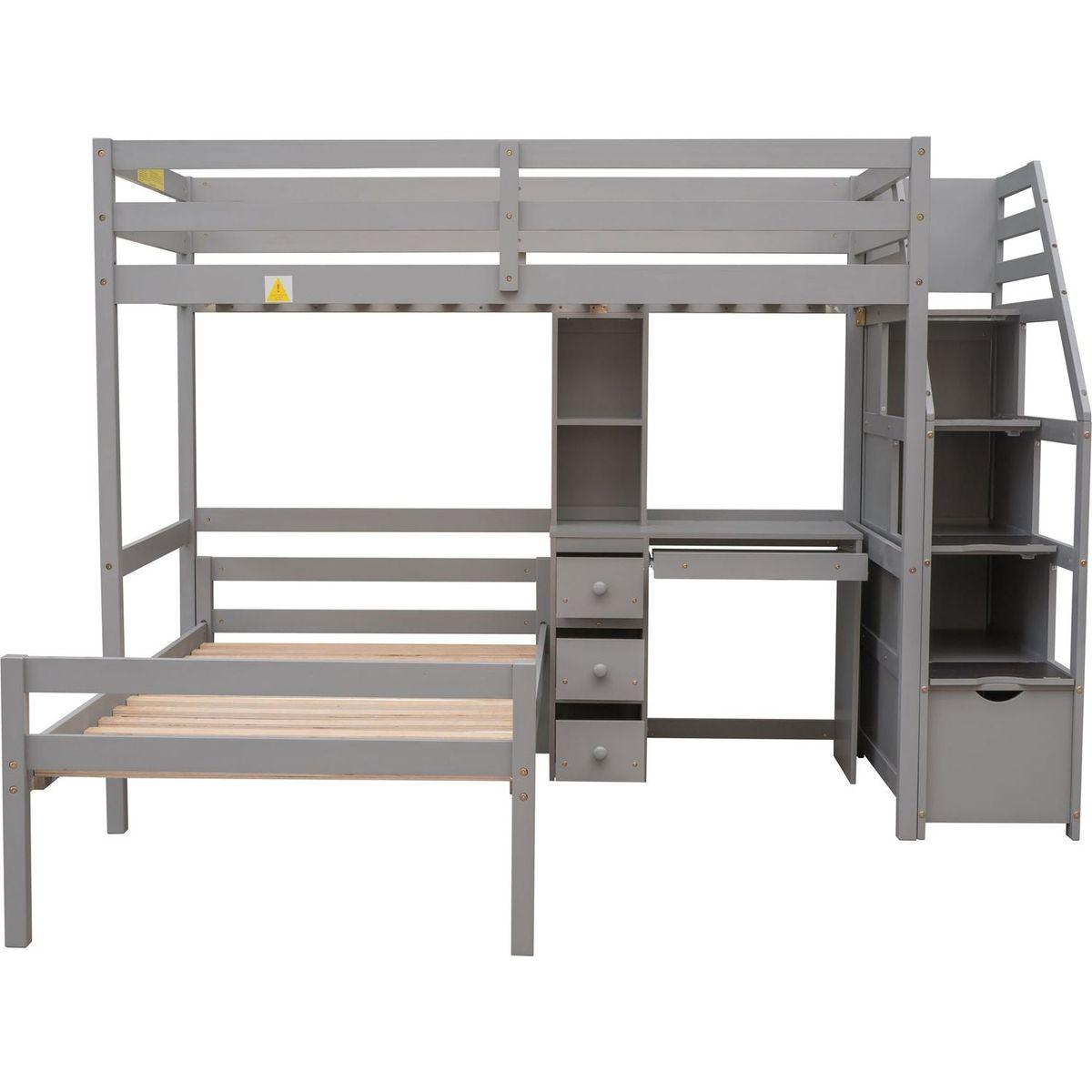 Twin Size Loft Bed with a Stand-alone Bed, Storage Staircase, Desk, Shelves and Drawers, Gray