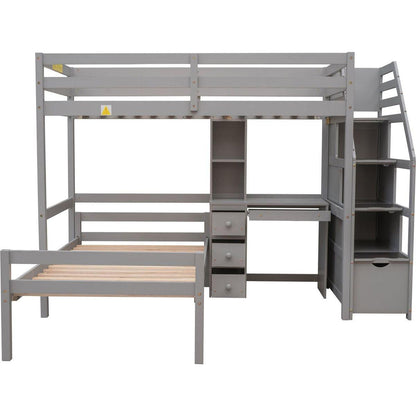 Twin Size Loft Bed with a Stand-alone Bed, Storage Staircase, Desk, Shelves and Drawers, Gray